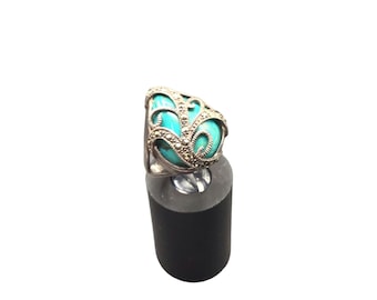 Turquoise & Marcasite Ring Sterling Silver Size 6 Drop Shaped Blue Stone Ring