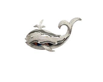 Vintage Trifari Silver Tone Whale Brooch Pin Signed Textured Animal Jewelry