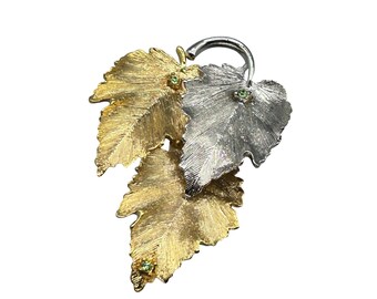Two Tones Leaf Pin Brooch With Green Rhinestones Silver And Gold Tone Vintage Pin