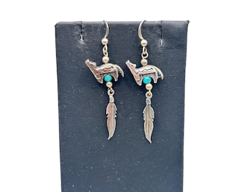 Vintage Native American Signed Earrings Dangles Wolf With Turquoise Feathers