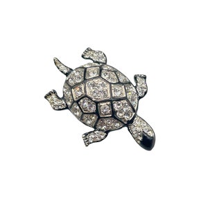 Kenneth Jay Lane KJL Turtle Pin Brooch Silver Tone Clear Crystals Black Enamel