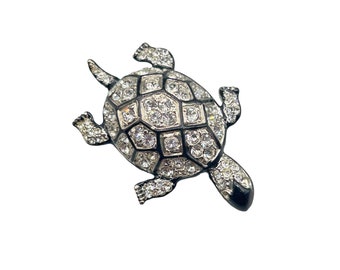 Kenneth Jay Lane KJL Turtle Pin Brooch Silver Tone Clear Crystals Black Enamel