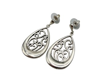 Sterling Silver Dangles Earrings Pierced Intricate Openwork Drops Modernist Design