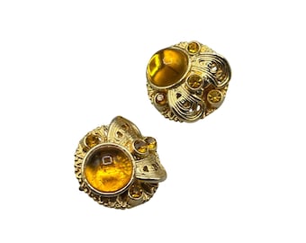 Vintage Amber Color Cabochons Clip On Earrings Filigree Style Layered Domed Earrings
