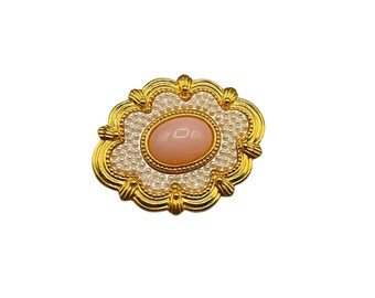 Avon Victorian Spring Pin Brooch Romantic Pink Cabochon and Small Faux Pearls
