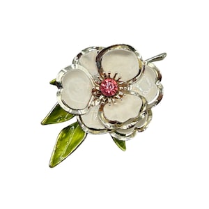 Large White Flower Brooch With Pink Rhinestones 70s Enamel Pin Flower Power Jewelry