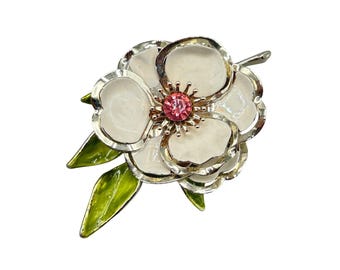Large White Flower Brooch With Pink Rhinestones 70s Enamel Pin Flower Power Jewelry