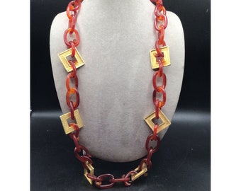 Vintage Celluloid Chain Necklace with Funky Square Geometric Gold Tone Stations