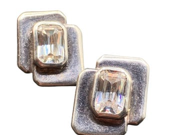 Modernist Sterling Silver Studs Earrings with Clear Stones Geometric Design