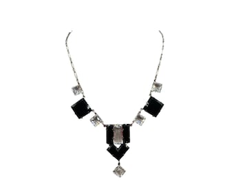 Antique ART DECO Necklace Black Clear Glass Stones Geometric Design Silver Tone