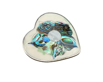 Vintage ALPACA Mexico Pin Brooch Heart Shaped  Abalone Shell Inlay