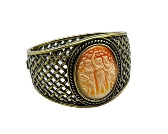Three Graces Carved Cameo Hinge Bangle Bracelet Genuine Shell Cameo Brass Amedeo