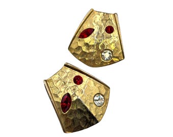 Vintage Clip On Earrings Oversized Statement Textured Gold Tone Red Clear Stones