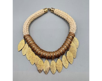 Chunky Textile Necklace Vintage Unusual Necklace with Gold Leaves Charms Dangles