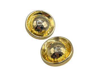 Vintage 80s 90s Gold Tone Oversized Clip On Earrings Hammered Dome Design Retro