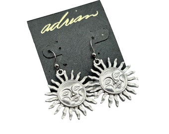 Vintage SUN Earrings Sunburst Sunface Pewter Dangles Pierced Drops New Old Stock