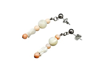Vintage Angel Skin Coral Earrings Mother Of Pearl Dangles Beads Sterling Silver
