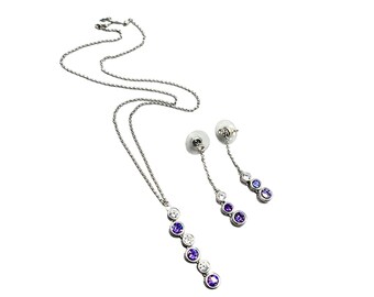 Nadri Necklace Pendant Earrings Set Purple Stones Long Drops Rhodium Plated