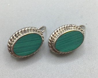 Sterling Silver & Malachite Earrings Pierced Handcrafted Mexico 925 Oval Shaped