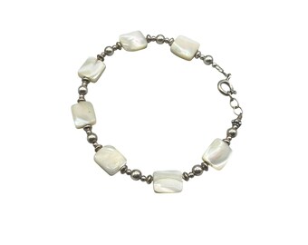 Mother Of Pearl Sterling Silver Bracelet Beaded Silver And White Shell Beaded Bracelet
