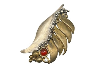 Brutalist Mixed Metal Leaf Brooch Sterling Silver 925 Red & Clear Gem Accents