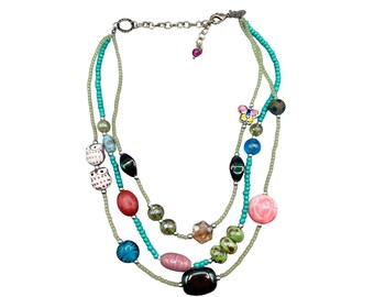 Signed Treska Multistrand Necklace Colorful Ceramic & Glass Beads Owls Butterfly