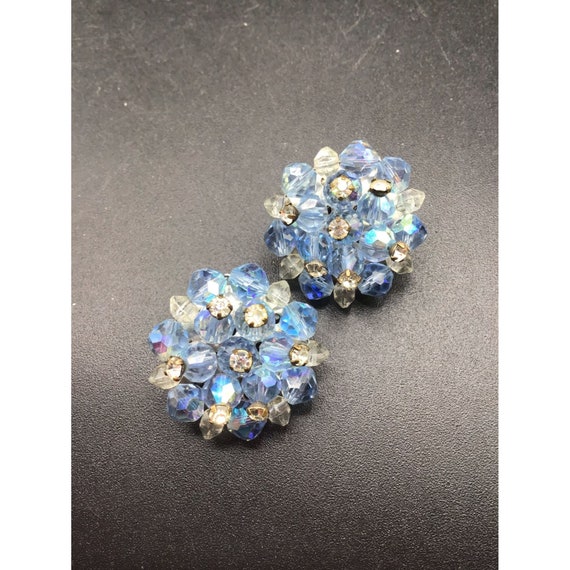Blue Crystals Earrings Clip On Cluster with Rhine… - image 2