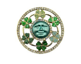 KIRKS FOLLY Signed  Seaview Moon Fairy Pin Brooch Circle Of Clover Quatrefoils St. Patrick