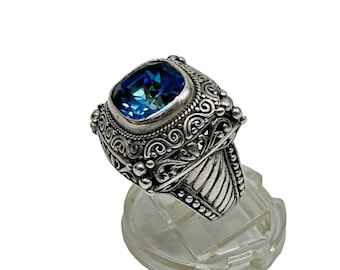 Mystic Blue Quartz Ring Size 5 Sterling Silver Ornate Raised Stone Silver 925