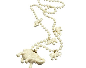 Old Celluloid Elephants Necklace Vintage 1970s Lightweight Plastic Charm Necklace