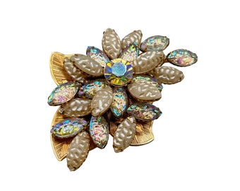 Vintage Unsigned Judy Lee Brooch Molded Glass Rhinestones White Gold AB Finish