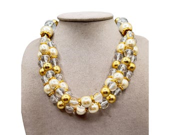 Vintage GEORGIOU Multistrand Necklace Faux Pearls Clear Lucite And Golden Beads