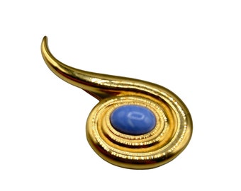Vintage Signed MONET Swirl Pin Brooch with Light Blue Glass Cabochon Spiral Pin
