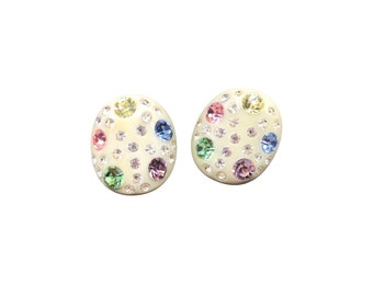 Vintage Mid Century Plastic Earrings Colorful Rhinestones Round Clip on Earrings