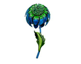 Vintage Flower Power Enamel Pin Brooch 70s Costume Jewelry Green & Blue Color