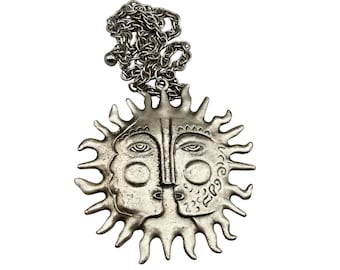 Fabulous Sunburst Sun Face Pendant Necklace With Long Chain Designer Quality Costume Jewelry