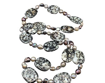Dyed Shell and Pearls Necklace Long Statement Beaded Genuine Pearls Necklace