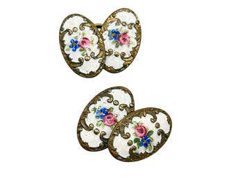 Antique Enamel Guilloche Cuff Links Elongated Brass Floral Hand Painted