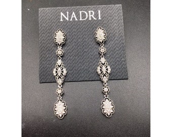 NADRI Signed Dangle Earrings Silver Tone Pierced New On Card Earrings Art Deco