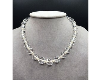 Art Deco Clear Crystal Necklace Gold Filled Clasp Hand Knotted Graduated Beads