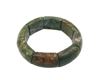 Vintage Green Semiprecious Stone Bracelet Elastic Stretch One Size Chunky Bangle