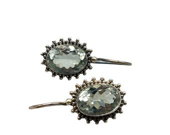 Vintage Sterling Silver Earrings Dangles Faceted Glass Stones Dusty Aquamarine Color