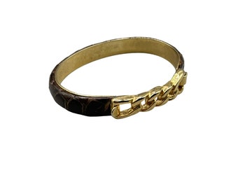 Vintage Brown Snakeskin Bracelet Gold Plated Chain Style 80s 90s Costume Jewelry
