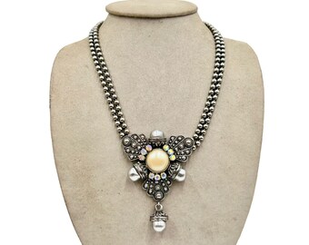 Vintage Silver Tone Rhinestones & Pearl Necklace Double Ball Chain Push in Clasp