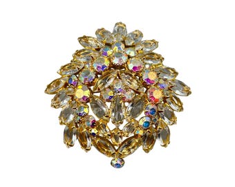 Vintage Aurora Borealis Rhinestones Brooch Golden Domed large Statement Pin
