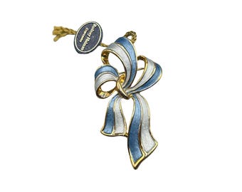 Rodney Holman Bow Pin Brooch Blue Striped Enamel Gold Tone New Old Stock w Tag