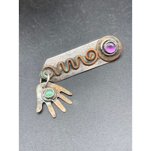 Sterling Silver Copper Hand Brooch Bar Mix Metals Amethyst Semi Precious Stones
