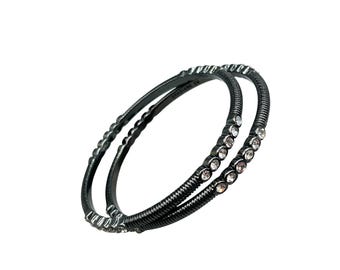 GRAZIANO Set Of 2 Bangle Bracelets SIlver Tone Gunmetal Color With Crystal Accents