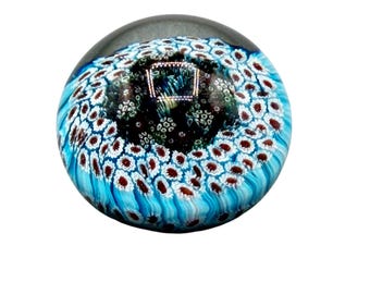 Vintage Murano Glass Small  Paperweight Millefiori Murrina Round Blue Tones Round Floral