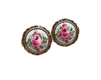Vintage Guilloche Cuff Links Gold Tone Floral Hand Painted Accessories